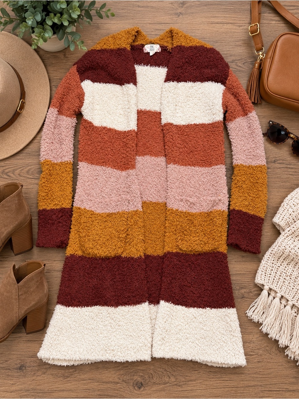 Pink Rose Fuzzy Colorblock Open Front Cardigan Sweater Women’s XS
